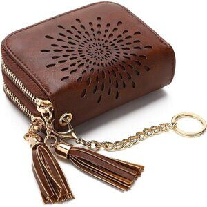 RFID Leather Card Holder Wallet for Women Small Zipper Coin Purse Keychain
